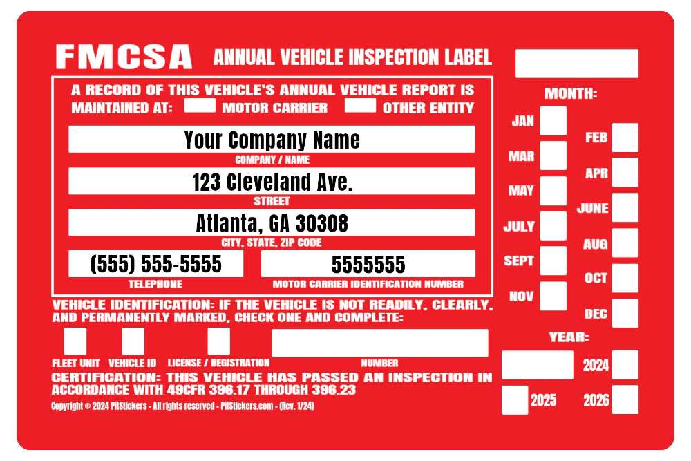 Personalized annual USDOT FMCSA and FHWA Vehicle Inspection Decals. Save time and let us prefill each DOT Inspection Sticker with your truck's information. During checkout, type your company details that you want printed on the decal.