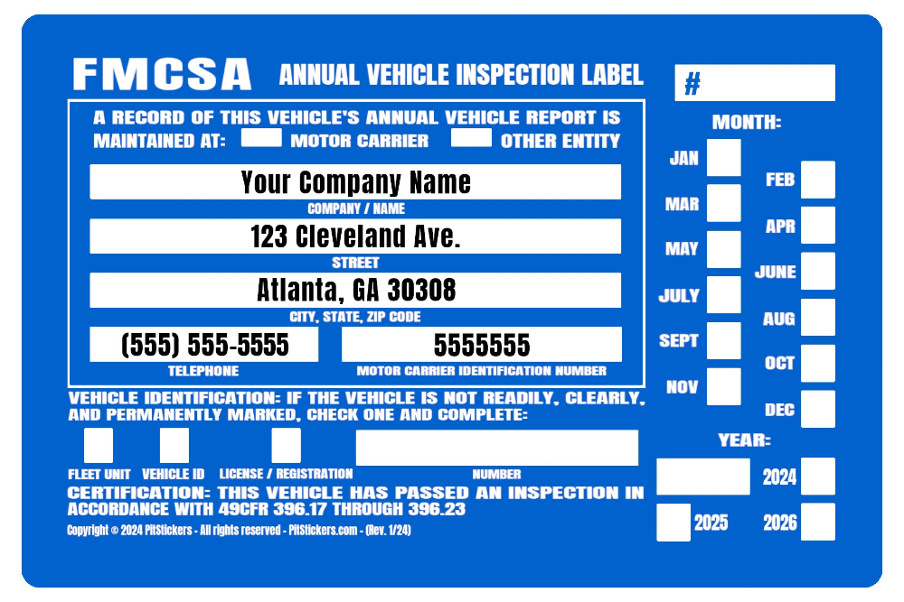Personalized annual USDOT FMCSA and FHWA Vehicle Inspection Decals. Save time and let us prefill each DOT Inspection Sticker with your truck's information. During checkout, type your company details that you want printed on the decal.