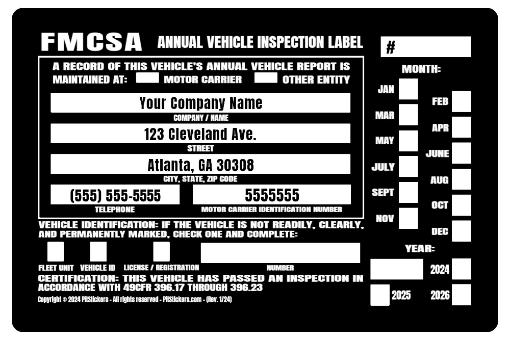 Personalized annual USDOT FMCSA and FHWA Vehicle Inspection Decals. Save time and let us prefill each DOT Inspection Sticker with your truck's information. During checkout, type your company details that you want printed on the decal.