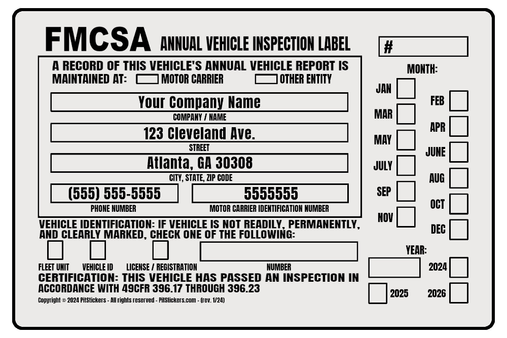 Personalized annual USDOT FMCSA and FHWA Vehicle Inspection Decals. Save time and let us prefill each DOT Inspection Sticker with your truck's information. During checkout, type your company details that you want printed on the decal.