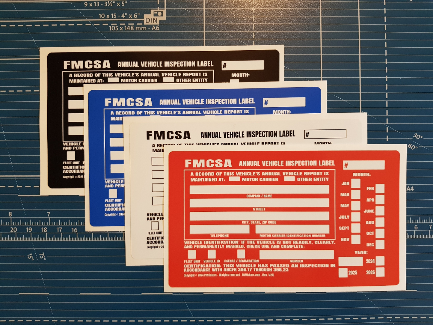 Annual USDOT FMCSA and FHWA Vehicle Inspection Decals. These stickers satisfy the Federal DOT requirements for 49 CFR Part 396.17 through 396.23. For commercial vehicles such as semi-trailer truck, tractor, tow truck, bus, motor coach, 18 wheeler.