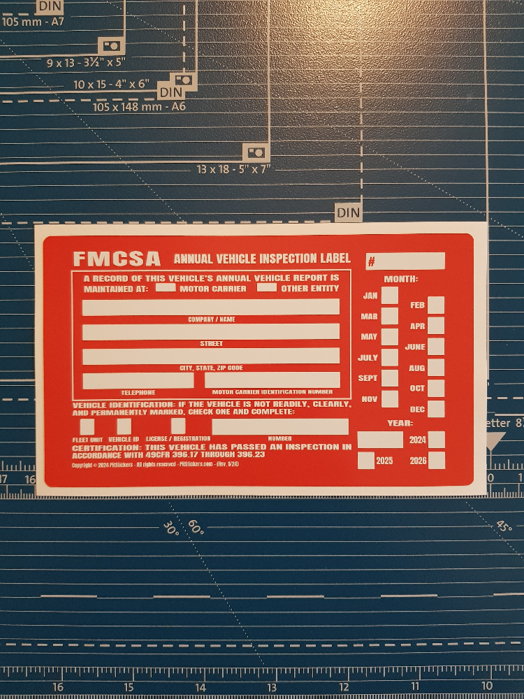 Annual USDOT FMCSA and FHWA Vehicle Inspection Decals. These stickers satisfy the Federal DOT requirements for 49 CFR Part 396.17 through 396.23. For commercial vehicles such as semi-trailer truck, tractor, tow truck, bus, motor coach, 18 wheeler.