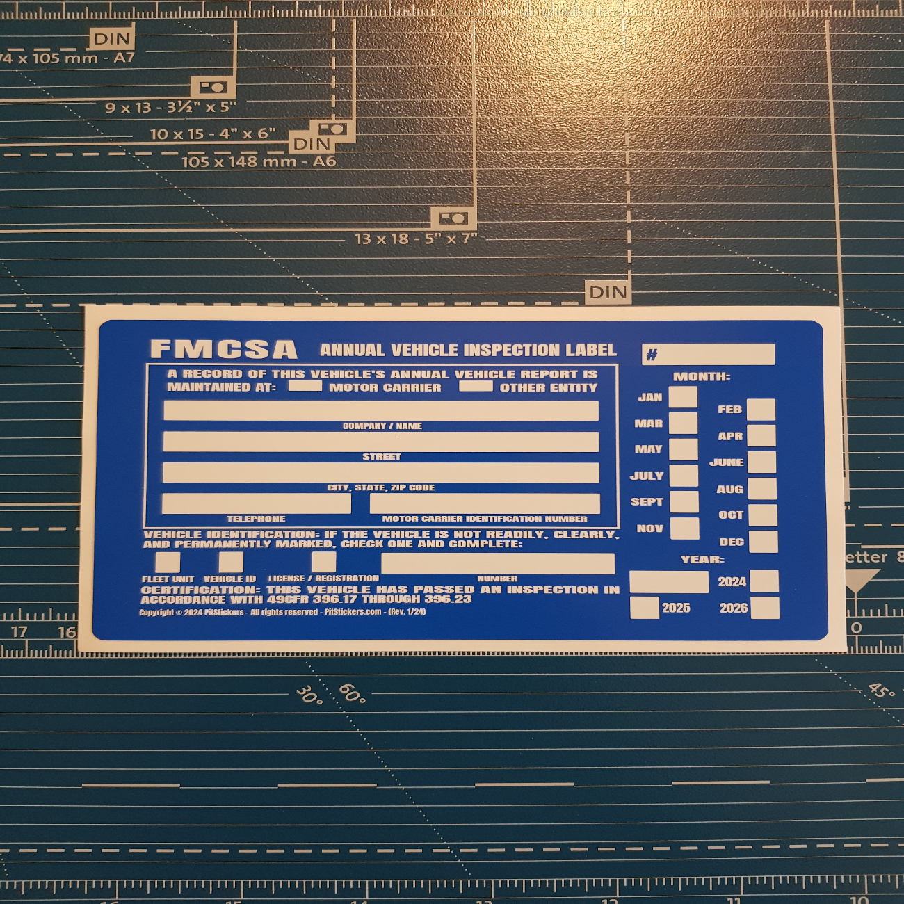 Annual USDOT FMCSA and FHWA Vehicle Inspection Decals. These stickers satisfy the Federal DOT requirements for 49 CFR Part 396.17 through 396.23. For commercial vehicles such as semi-trailer truck, tractor, tow truck, bus, motor coach, 18 wheeler.