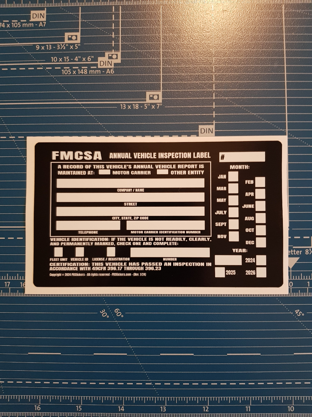 Annual USDOT FMCSA and FHWA Vehicle Inspection Decals. These stickers satisfy the Federal DOT requirements for 49 CFR Part 396.17 through 396.23. For commercial vehicles such as semi-trailer truck, tractor, tow truck, bus, motor coach, 18 wheeler.