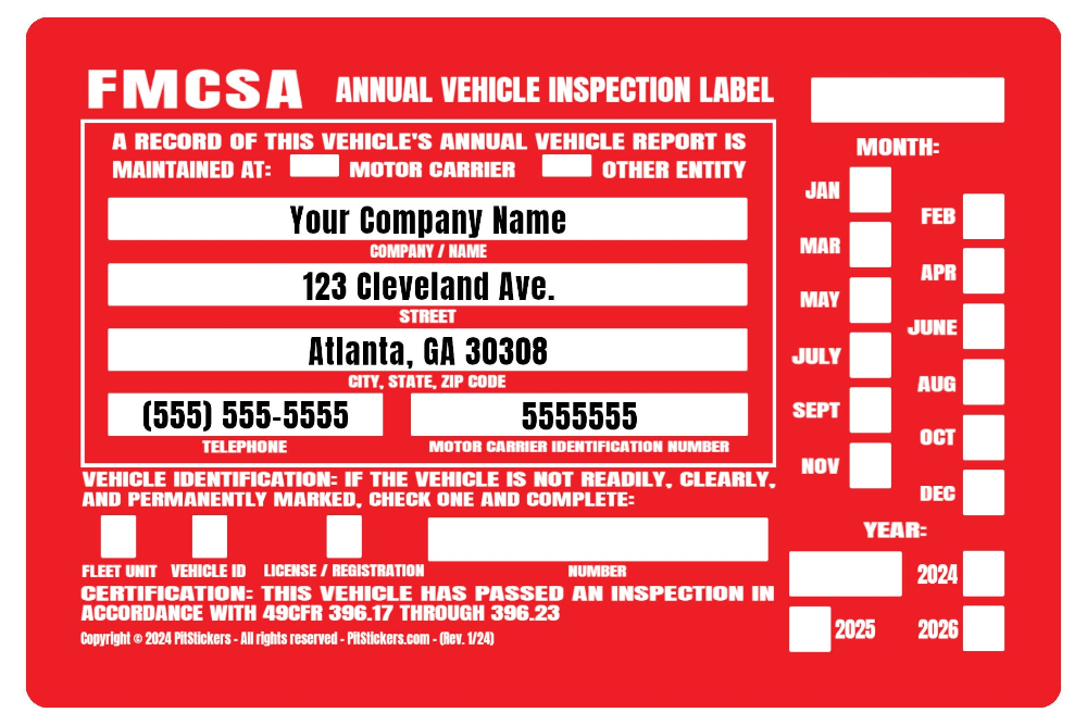 Personalized annual USDOT FMCSA and FHWA Vehicle Inspection Decals. Save time and let us prefill each DOT Inspection Sticker with your truck&#39;s information. During checkout, type your company details that you want printed on the decal.