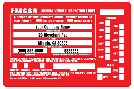Personalized annual USDOT FMCSA and FHWA Vehicle Inspection Decals. Save time and let us prefill each DOT Inspection Sticker with your truck&#39;s information. During checkout, type your company details that you want printed on the decal.
