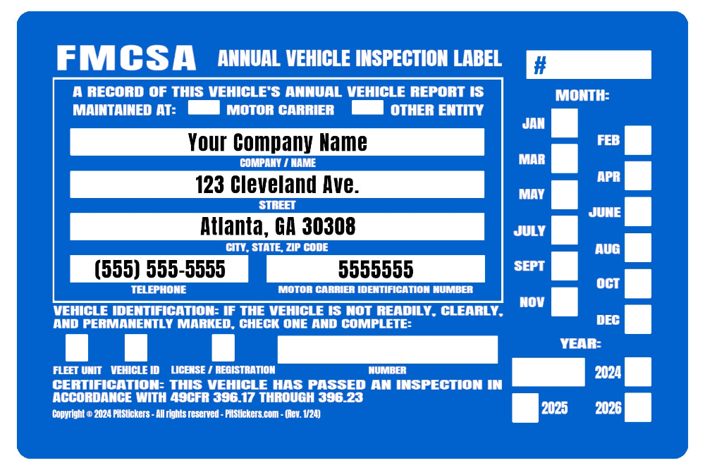 Personalized annual USDOT FMCSA and FHWA Vehicle Inspection Decals. Save time and let us prefill each DOT Inspection Sticker with your truck&#39;s information. During checkout, type your company details that you want printed on the decal.