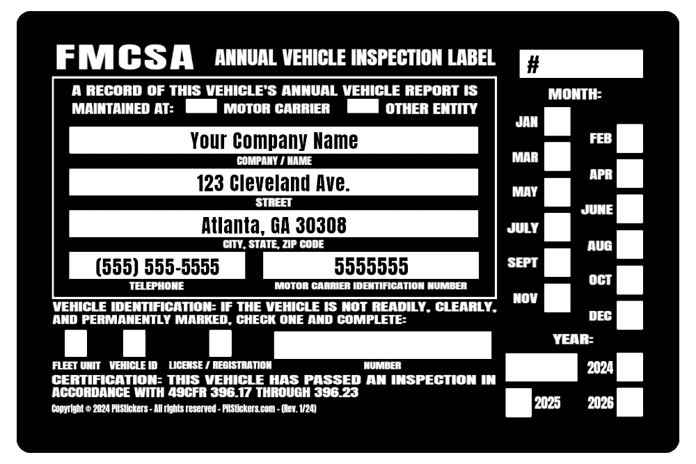 Personalized annual USDOT FMCSA and FHWA Vehicle Inspection Decals. Save time and let us prefill each DOT Inspection Sticker with your truck&#39;s information. During checkout, type your company details that you want printed on the decal.