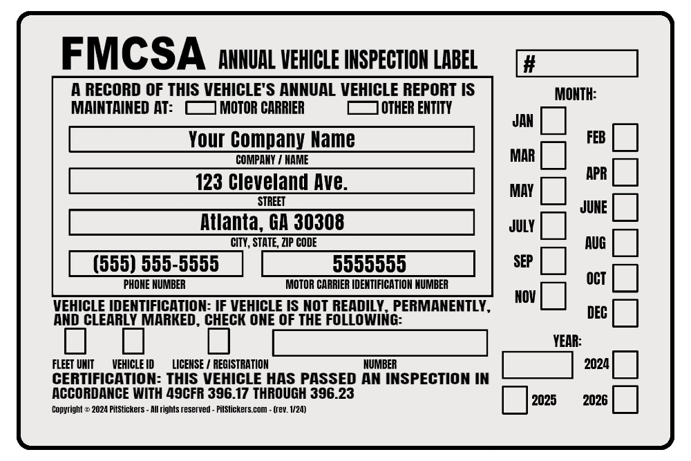 Personalized annual USDOT FMCSA and FHWA Vehicle Inspection Decals. Save time and let us prefill each DOT Inspection Sticker with your truck&#39;s information. During checkout, type your company details that you want printed on the decal.