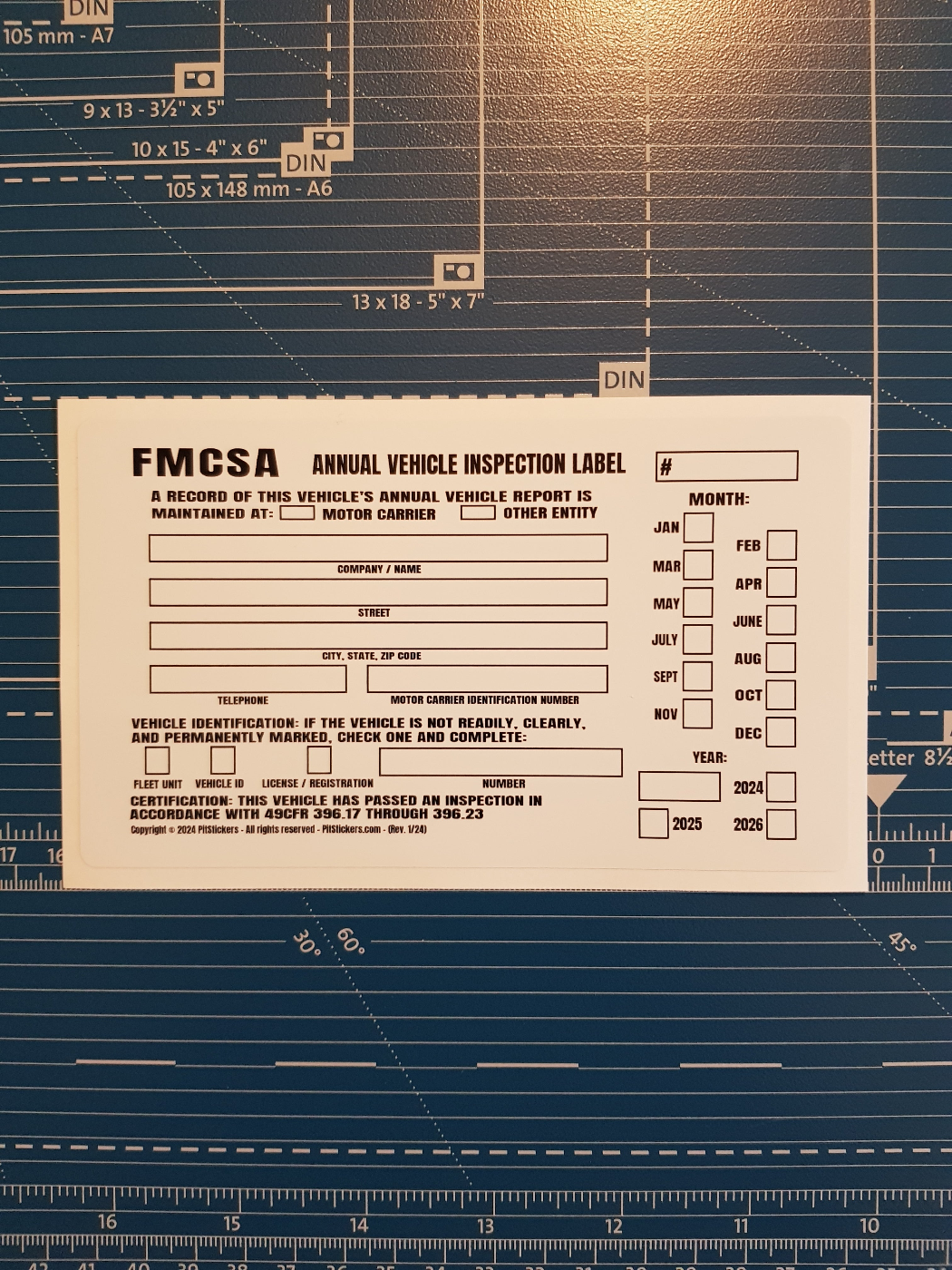 Annual USDOT FMCSA and FHWA Vehicle Inspection Decals. These stickers satisfy the Federal DOT requirements for 49 CFR Part 396.17 through 396.23. For commercial vehicles such as semi-trailer truck, tractor, tow truck, bus, motor coach, 18 wheeler.