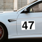 Custom race car number plate displays your race car number. Available as permanent vinyl, reusable vinyl, and magnetic plates. SCCA and NASA compliant. Great for track cars, track days and autocross.